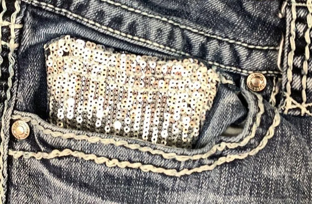 Cowgirl Tuff Co. Sequin Crosses Detail Fringe Hems Straight Leg Ankle Jeans Blue Size 31 - Image 7