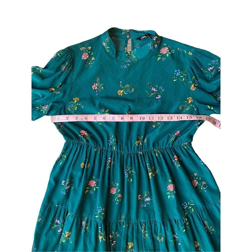 ZARA Retro Vintage Deep Emerald Green Floral Print Mini Dress - Image 9