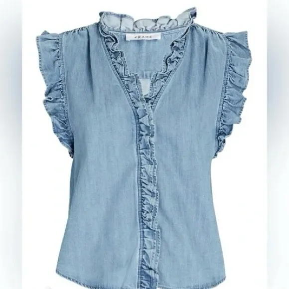 FRAME Lauren Ruffled Light Blue Chambray V Neck Top Button Down Blouse Small - Image 3