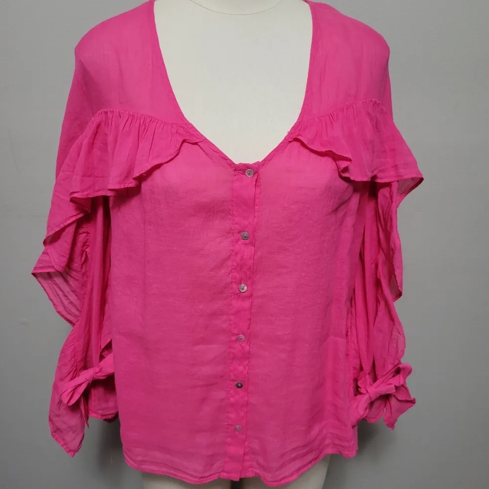 Zara fuchsia oversized semi-sheer ruffled blouse size XS - Image 4