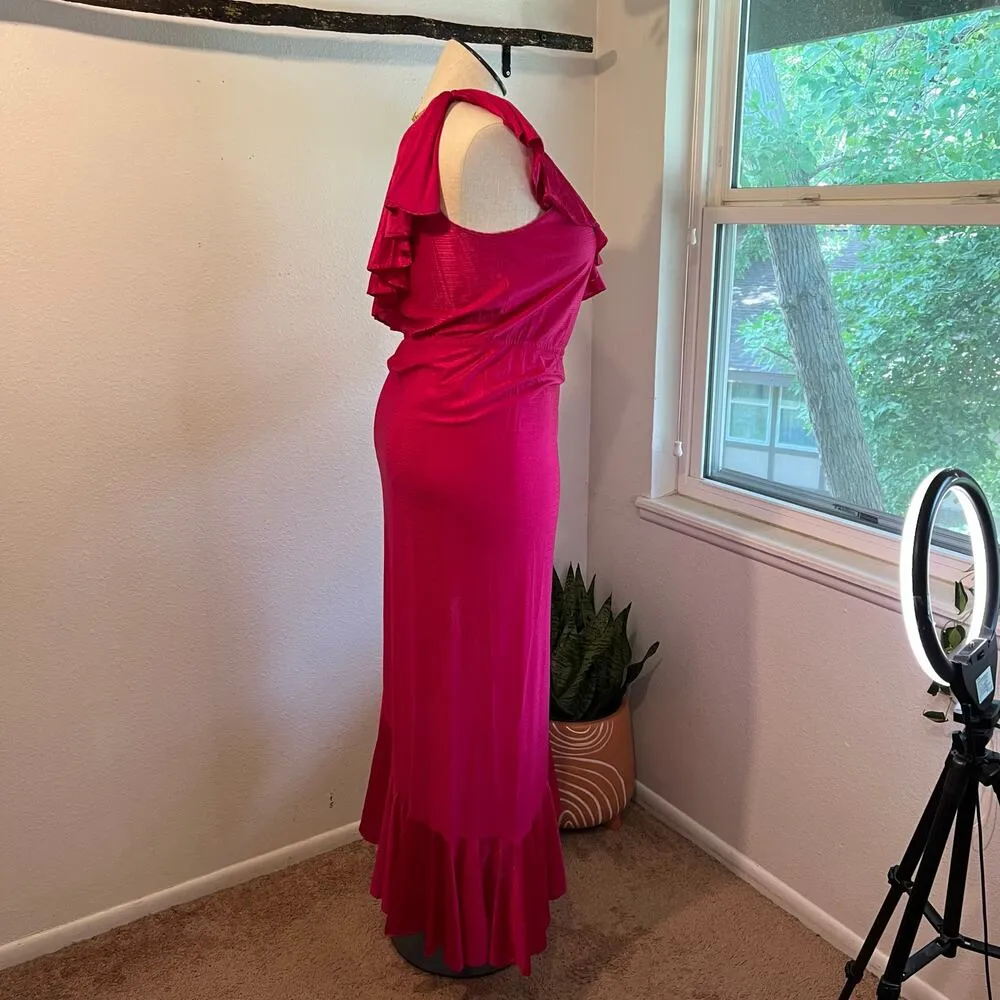 Cattani USA Made Vintage 1970s Pink One Shoulder Ruffled Summer Dress Size Large - Image 4