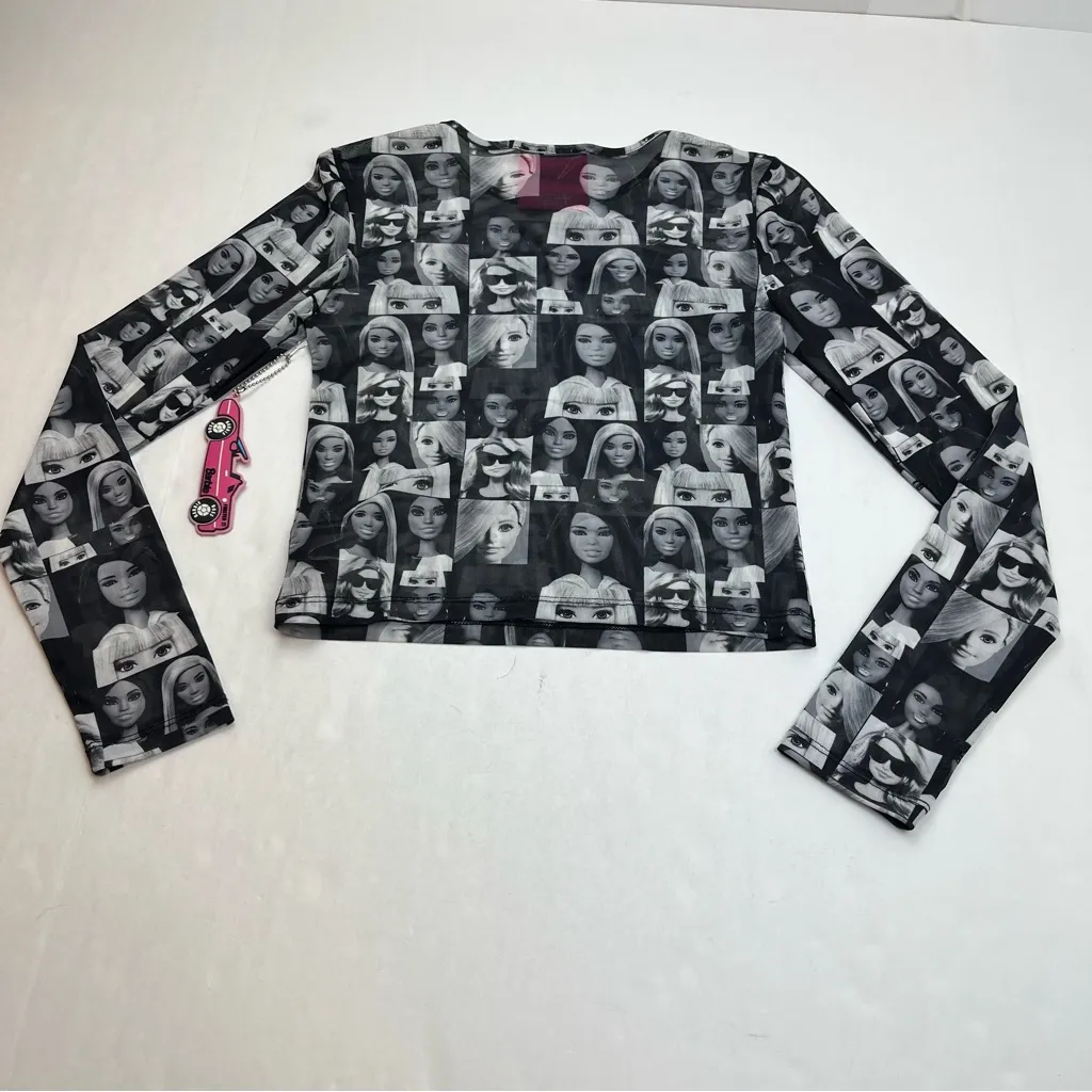Barbie Forever‎ 21 Mesh Top Long Sleeve Shirt SZ Small Black White Grey Gray NEW - Image 12