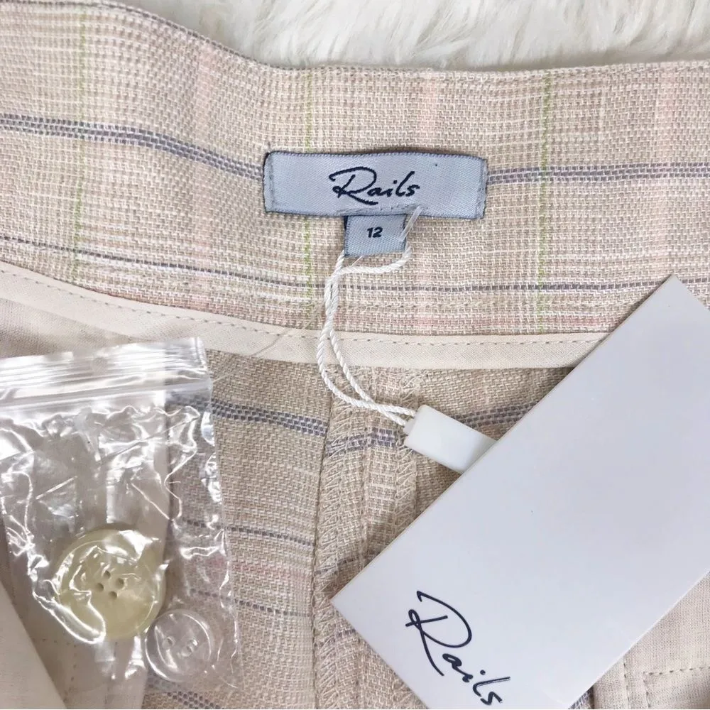RAILS Ilena Linen Trouser Shorts High Waist Sand Check‎ Cream Plaid Size 12 New - Image 9
