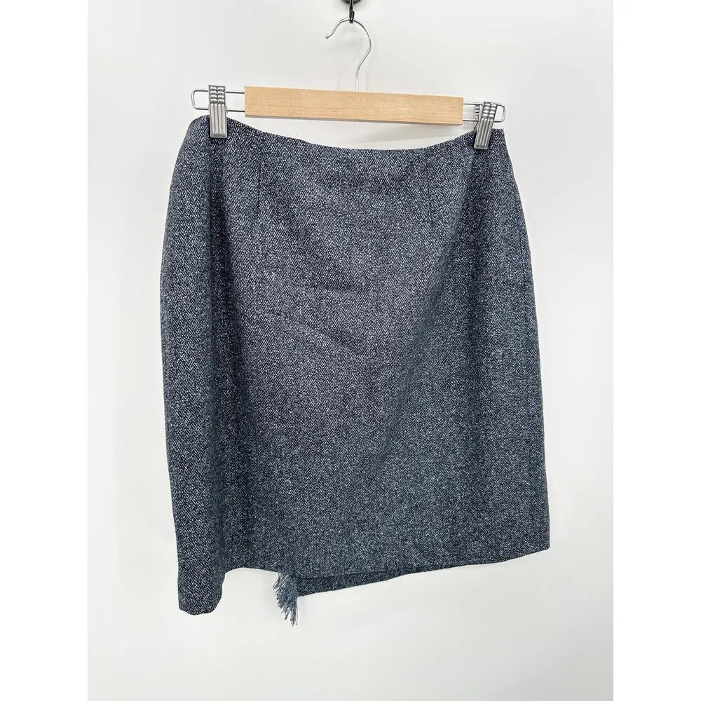 Anne Klein Blue Tweed Skirt Women’s 8P Wool Silk Fringe Buckle Petite - Image 2