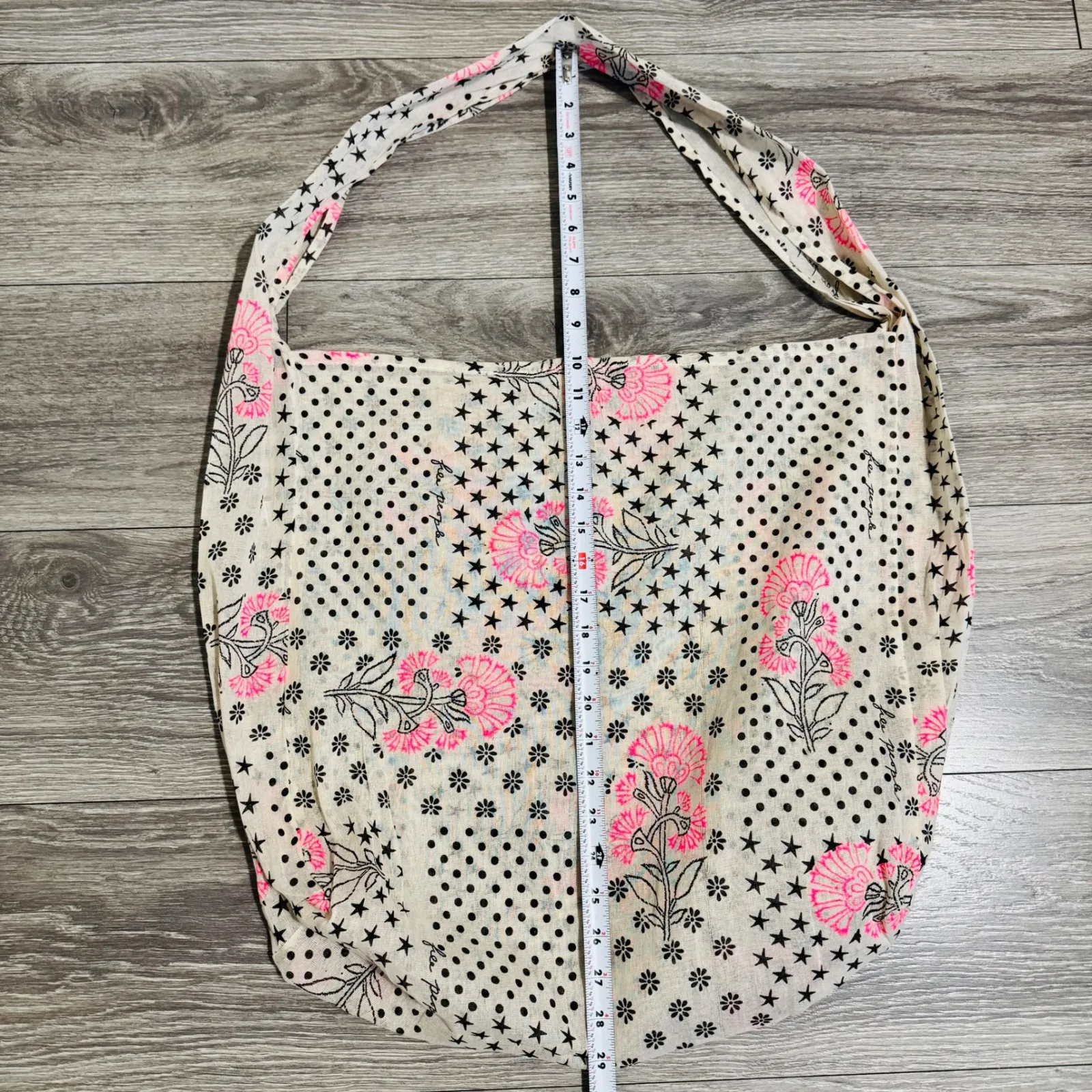 Free People Boho Floral Stars Polka Dot Sling Bag Cream Pink Black 19x23 in - Image 6