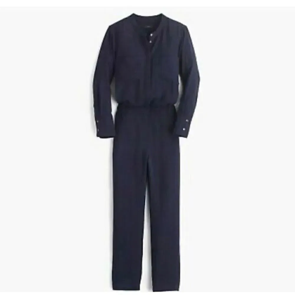 J Crew Women Navy Drapery Oxford Jumpsuit Long Sleeve Elastic Waist SZ 2 Blue - Image 2