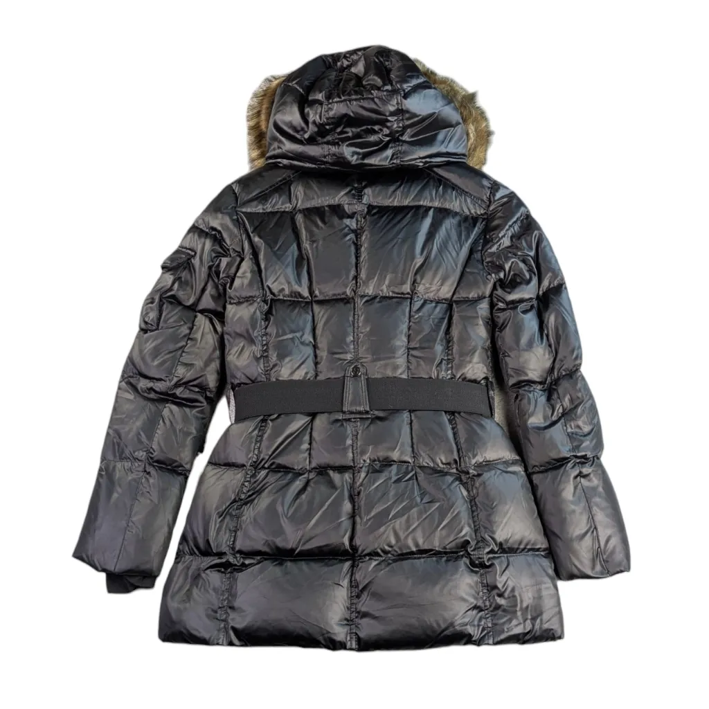 S13/NYC Chalet Belted Down Filled Puffer Detachable Fur Trim Hood EUC Small F243 Black - Image 7