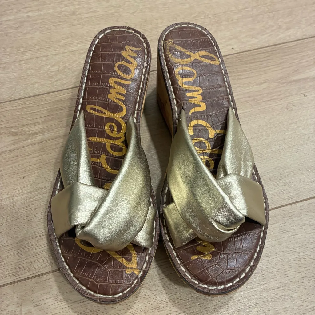 Sam Edelman Ramsey Gold Wedge Sandals Leather Slip On Cork Size 7.5 - Image 6
