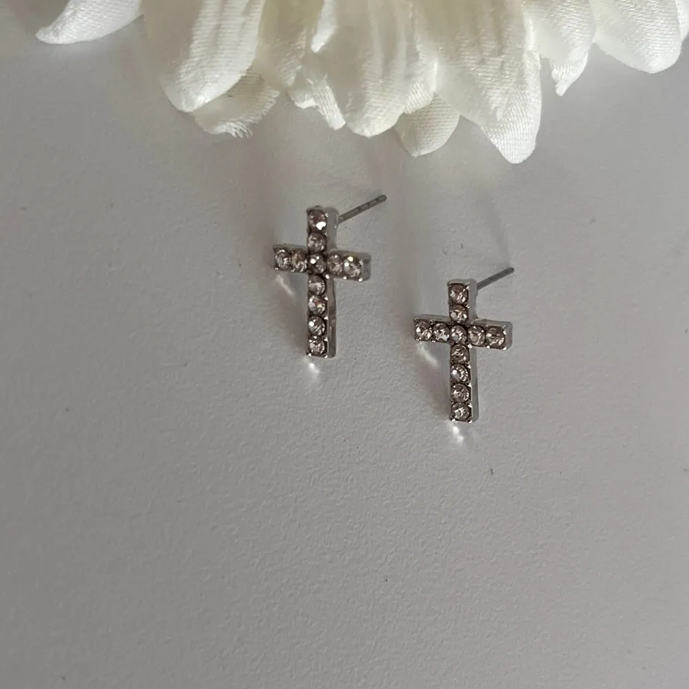 Rhinestone Cross Earrings Silver - Image 2