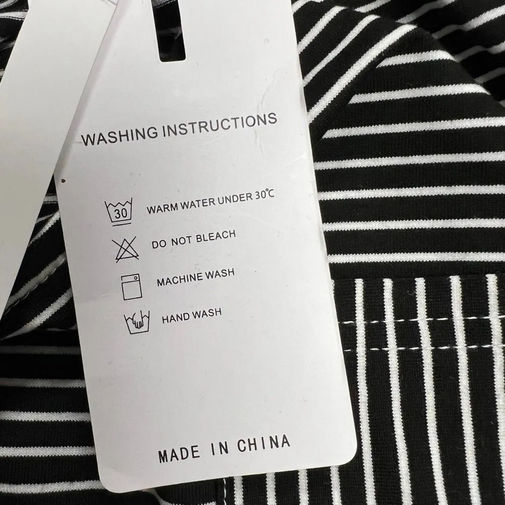 MEROKEETY 3/4 Sleeve Striped TShirt  Dress With Pockets Large Black White NEW - Image 10