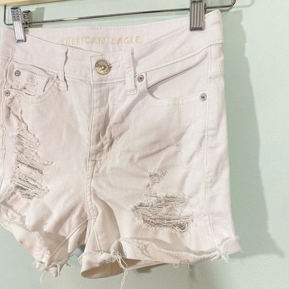 American Eagle Women's White Distressed High Rise Denim Shortie Size 0 - Image 3
