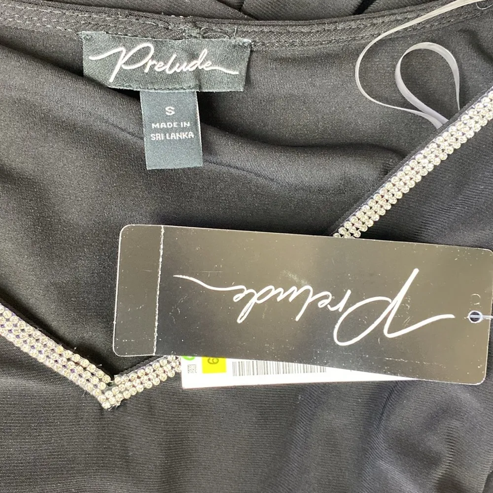 Prelude Black Long Sleeve Rhinestone Embellished V Neck Blouse Top NEW S - Image 5