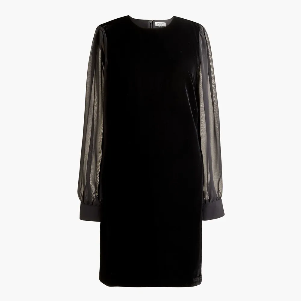 NWT JCrew Black Velvet mini dress sheer sleeves 6 tear above pocket needs repair - Image 4