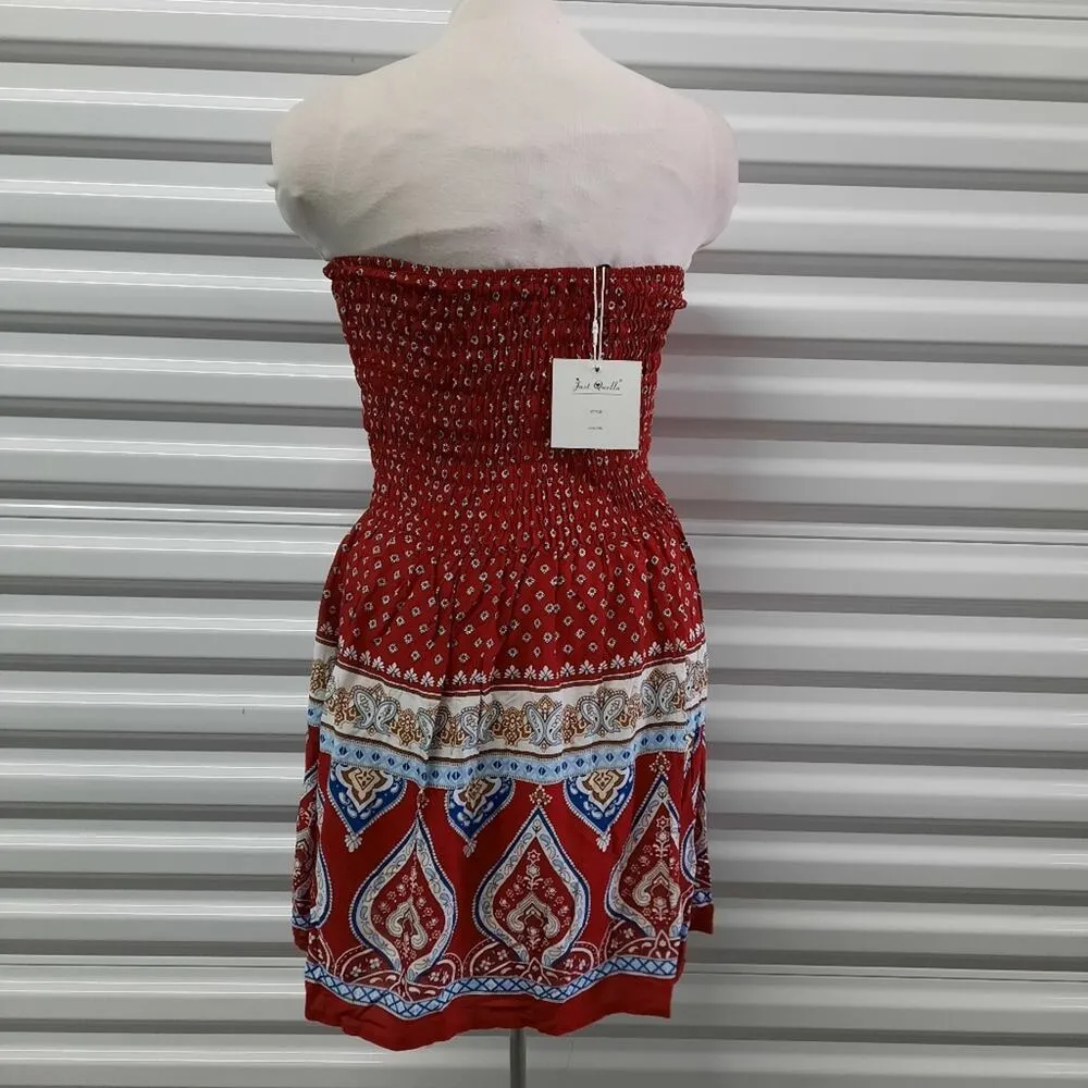 Just Quella Tube Dress Women's Size XS(0-2) Red Paisley Strapless Smocked Casual - Image 2