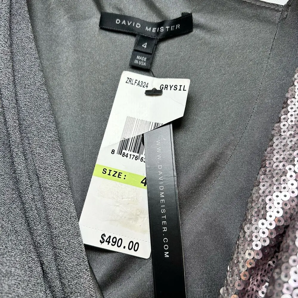 David Meister Formal Dress Metallic Silver Bodycon Dress Sequin Geometric Disco - Image 4