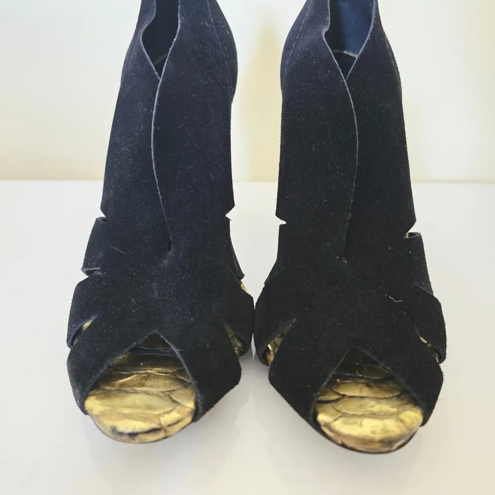 Pedro Garcia Woman's Sue Black and Gold Peep Toe Heels Women's Size EU 36.5 6.5 - Image 4