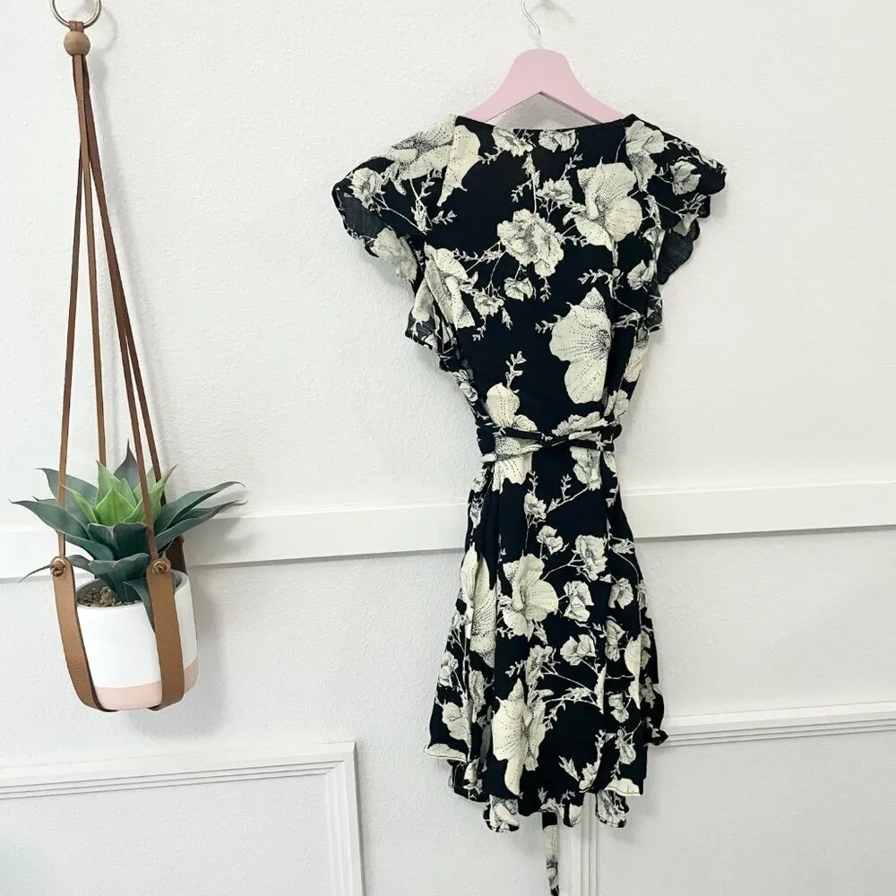 Free People French Quarter Black & Ivory Floral Ruffle Wrap Mini Dress Size S - Image 8