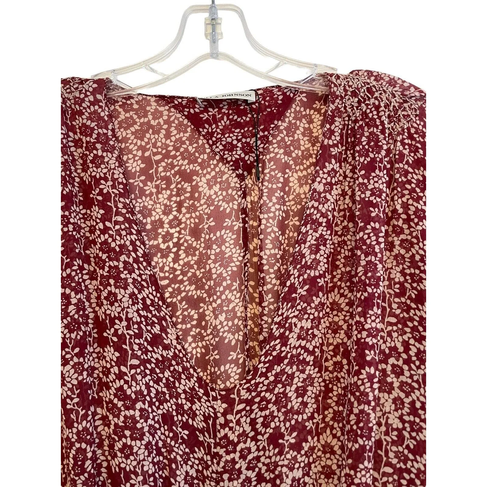 Ulla Johnson Samira‎ Drop Waist Size 2 Silk Bordeaux Red Floral Sheer Smocked - Image 4