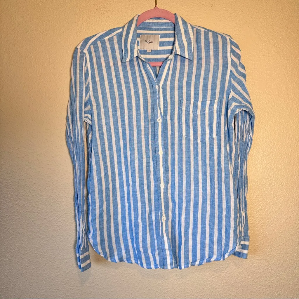 Rails Blue White Striped Linen Blend Button Down Shirt Womens S Lightweight Top - Image 5
