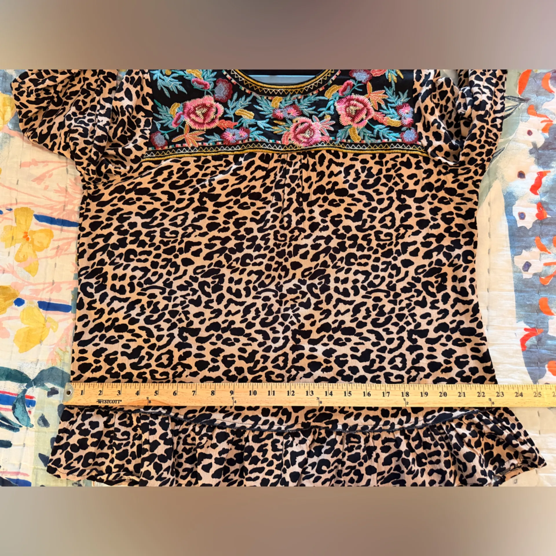 CALESSA M Floral Embroidered Leopard Print Peasant Boho Top Black Size M - Image 13