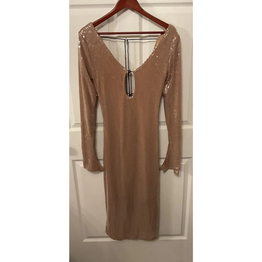 NWOT Meilun Deep V Dress Drawstring Long Sleeve Sequin Dress Long Gown, sz M Gold Size M - Image 8