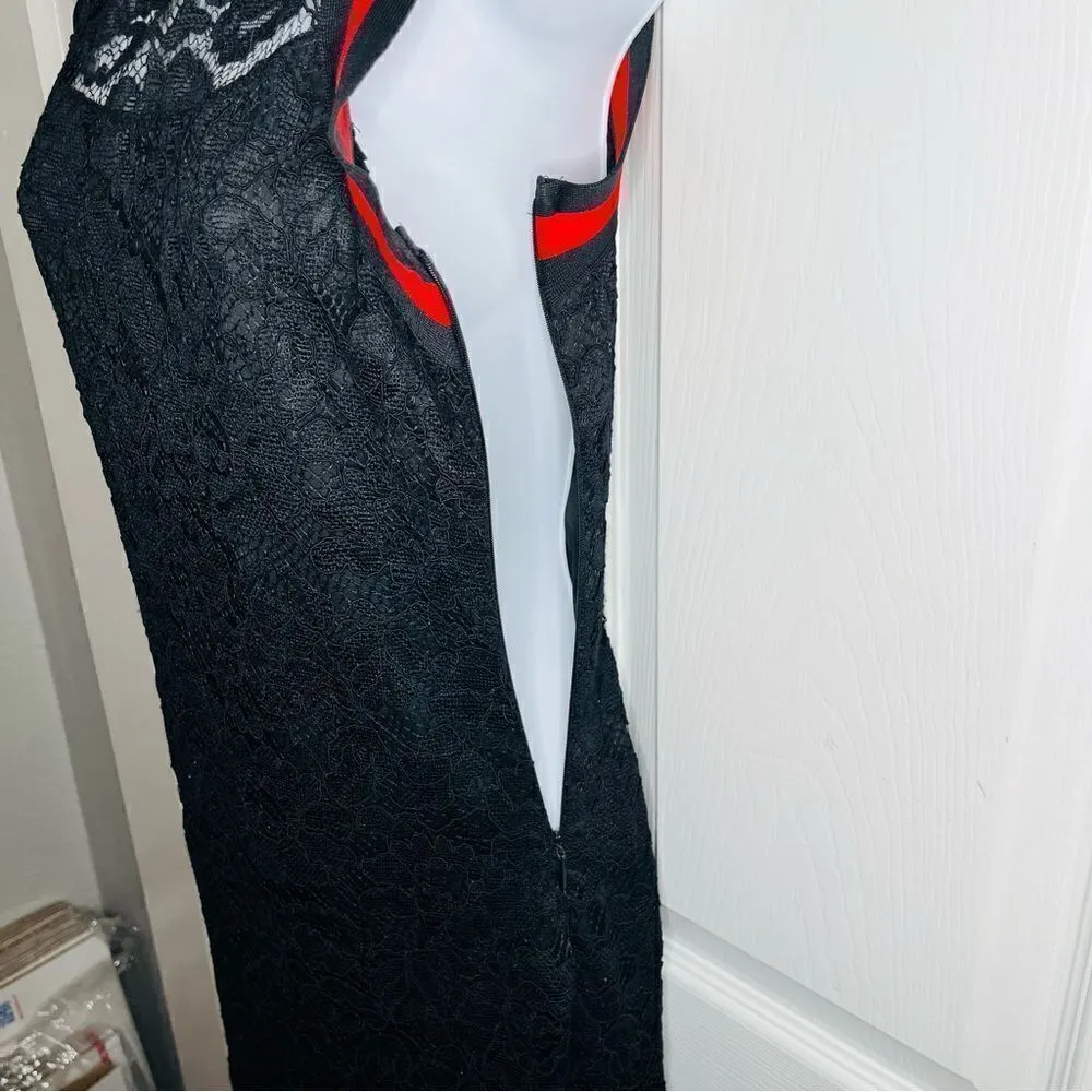 BAKU Fitted Black Lace Midi Dress Red Stripe Trim S - Image 7
