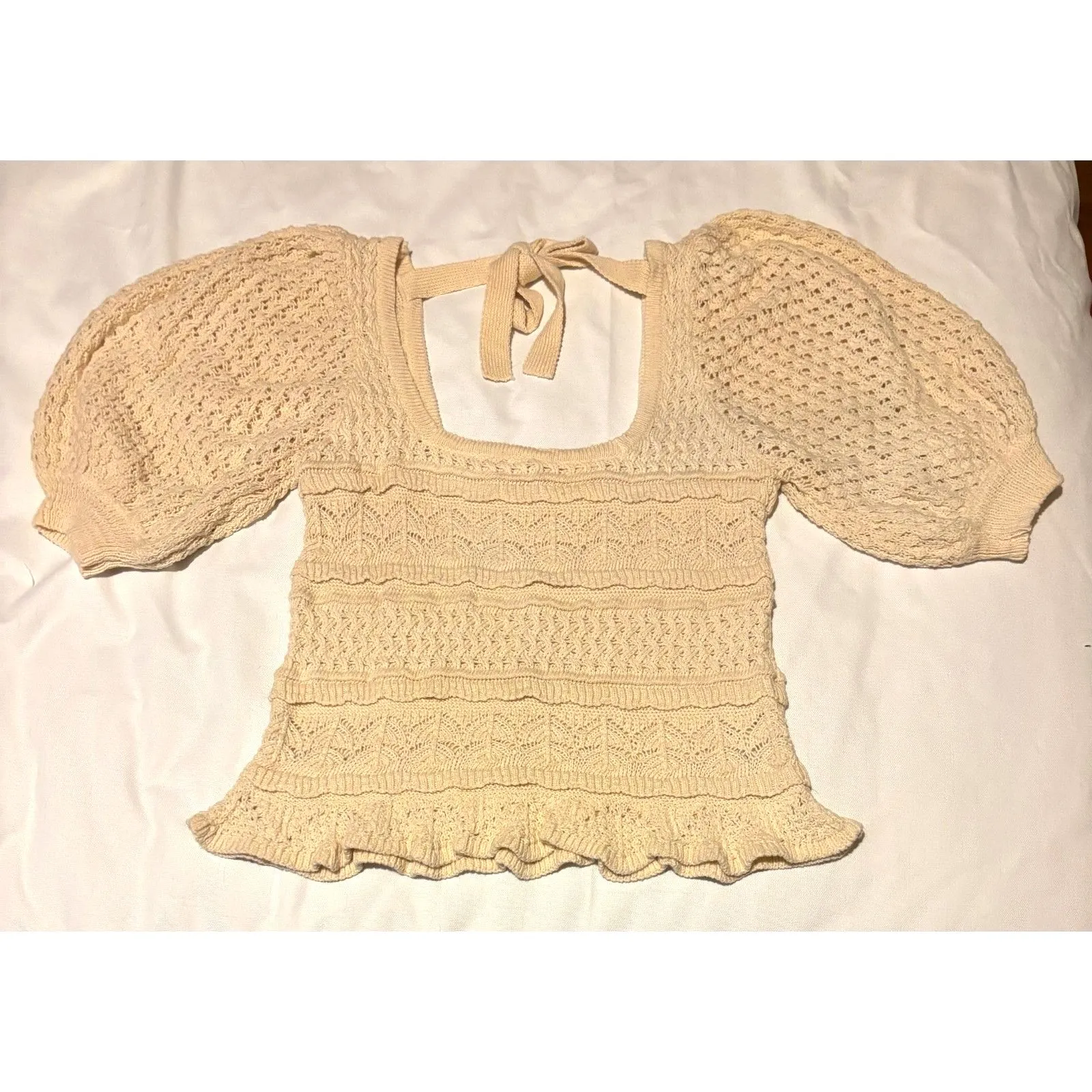 ASTR The Label Hera Crochet Knit Top Cream Womens Open Knit Cottagecore Boho S - Image 5