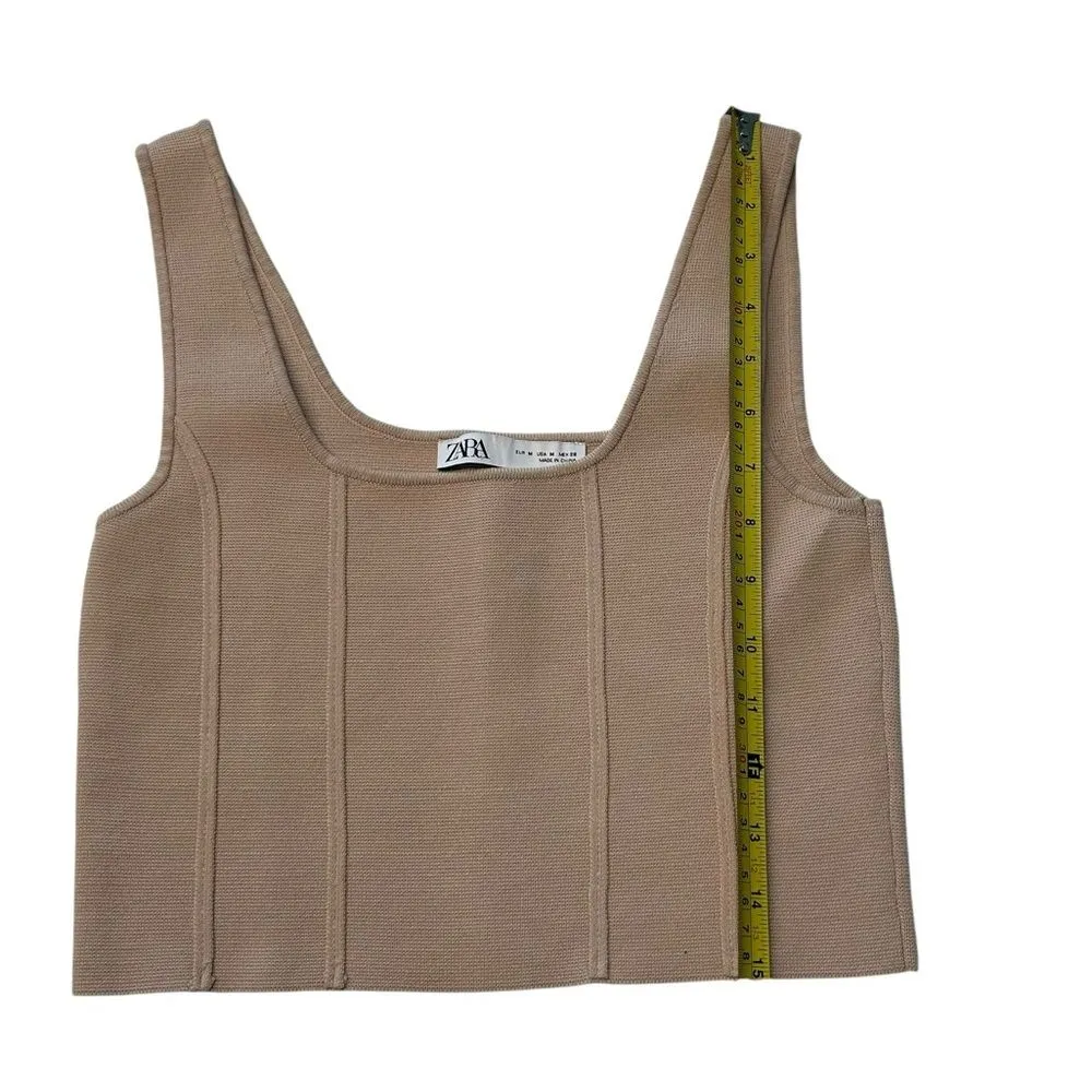 Zara Size M Corset Style Crop Top Tan Square Neck Closet Staple Basic Neutral‎ - Image 5