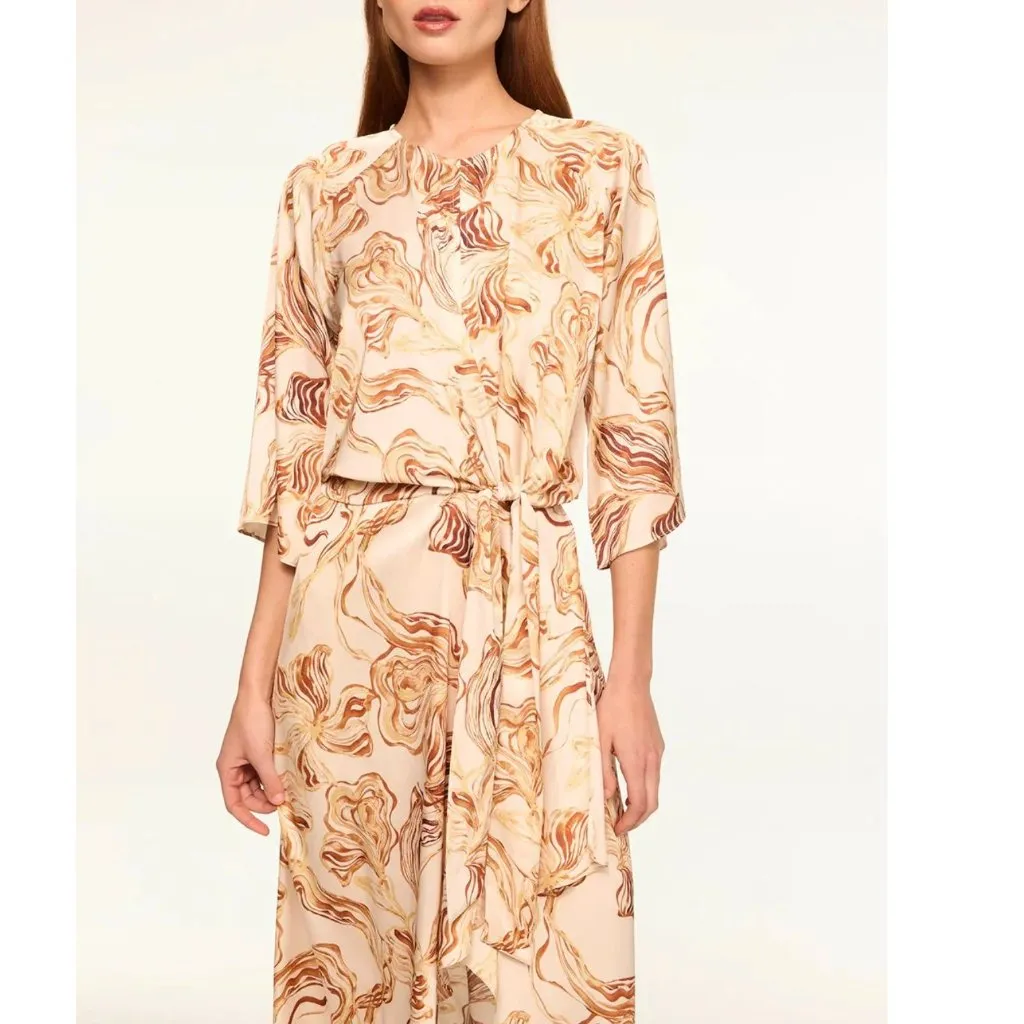 Misa Adina Dress in Golden Straw Satin Midi Tulip Hem 3/4 Sleeve S - Image 2