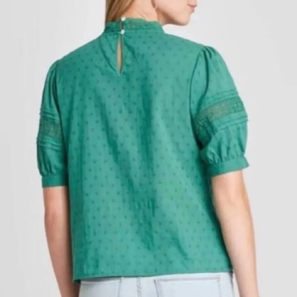 NWOT Teal Green Crochet Trim High Neck Peasant Top Blouse Puff Sleeve New - Image 2