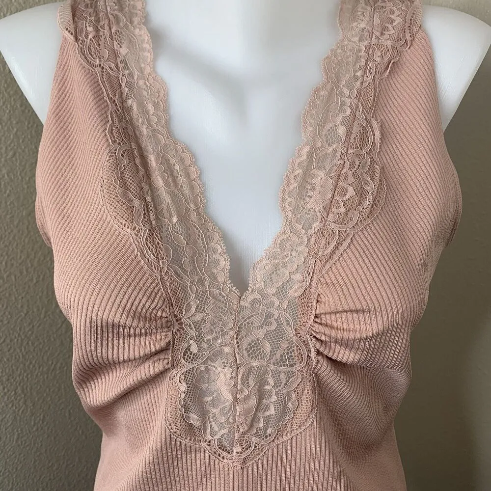 Free People Intimately Ribbed Bodysuit Pink Mauve Swoon First Call Sz Large Lace - Image 3