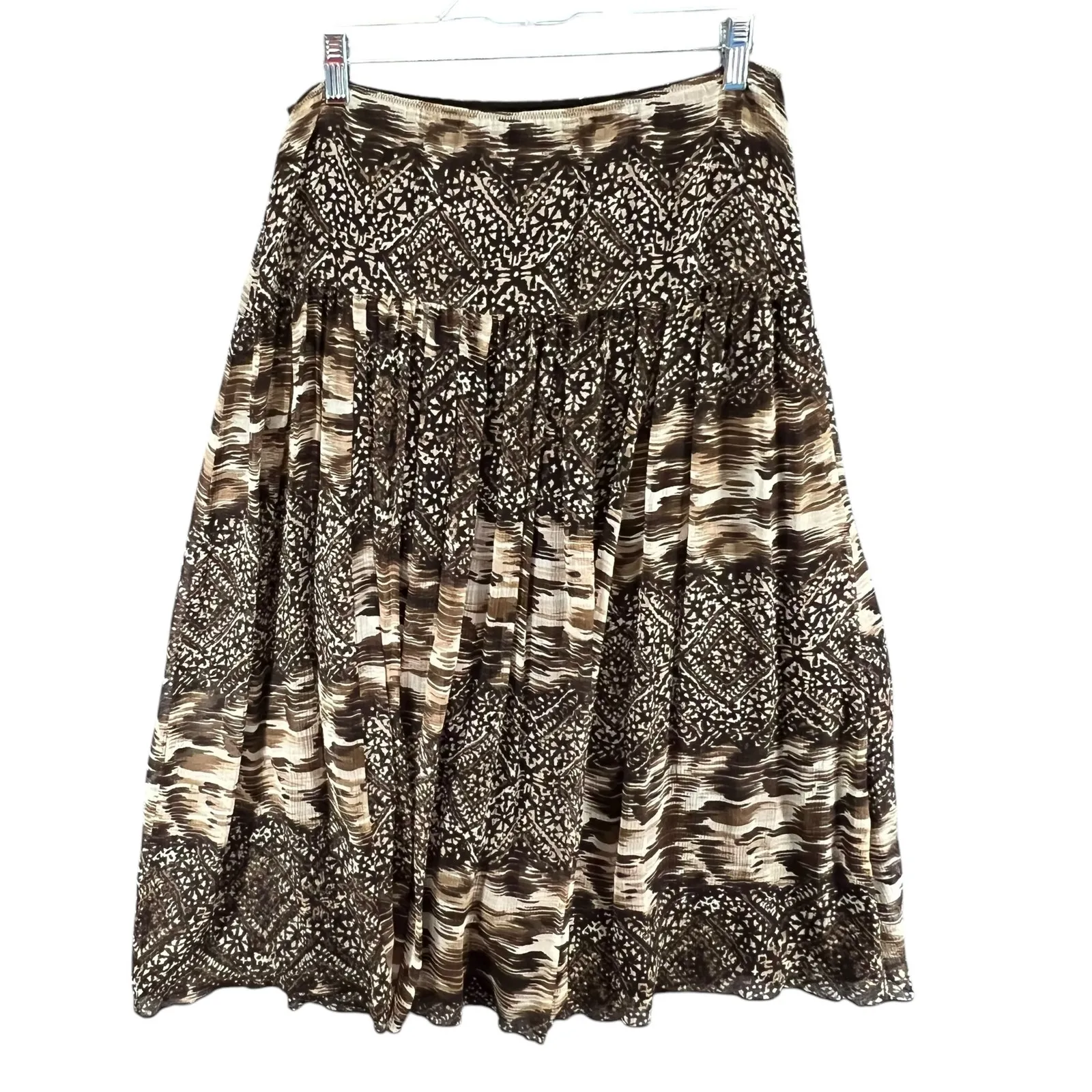 Nine West Skirt Women 4 Brown Silk Geo Tribal Mix Print Pleated Y2K Southwestern - Image 3