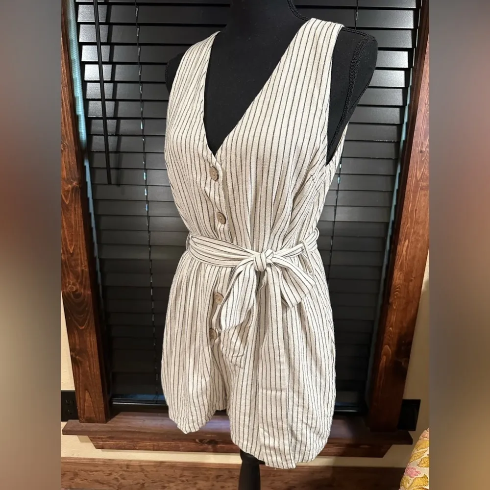 Allie Rose Romper Stripe Beige Gray Cotton Blend Large - Image 2