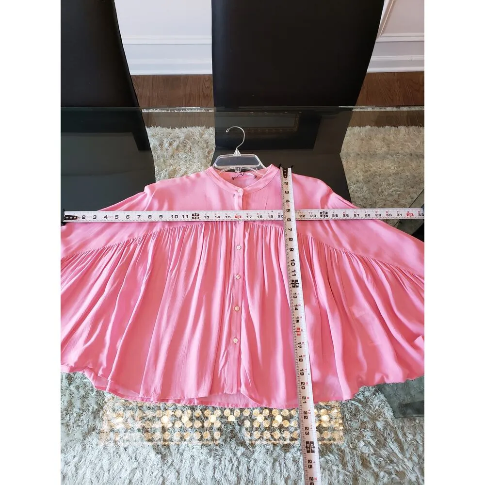 ZARA Button Down Shirt Women's Size Small Pink Solid Pleated Long Sleeve V-Neck - Image 12