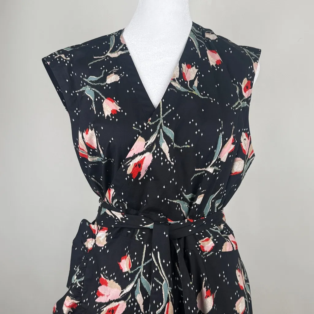 Rebecca Taylor Ikat Tulip Wrap Dress Tie Waist Black Floral Poplin Ruffles Sz 12 - Image 5