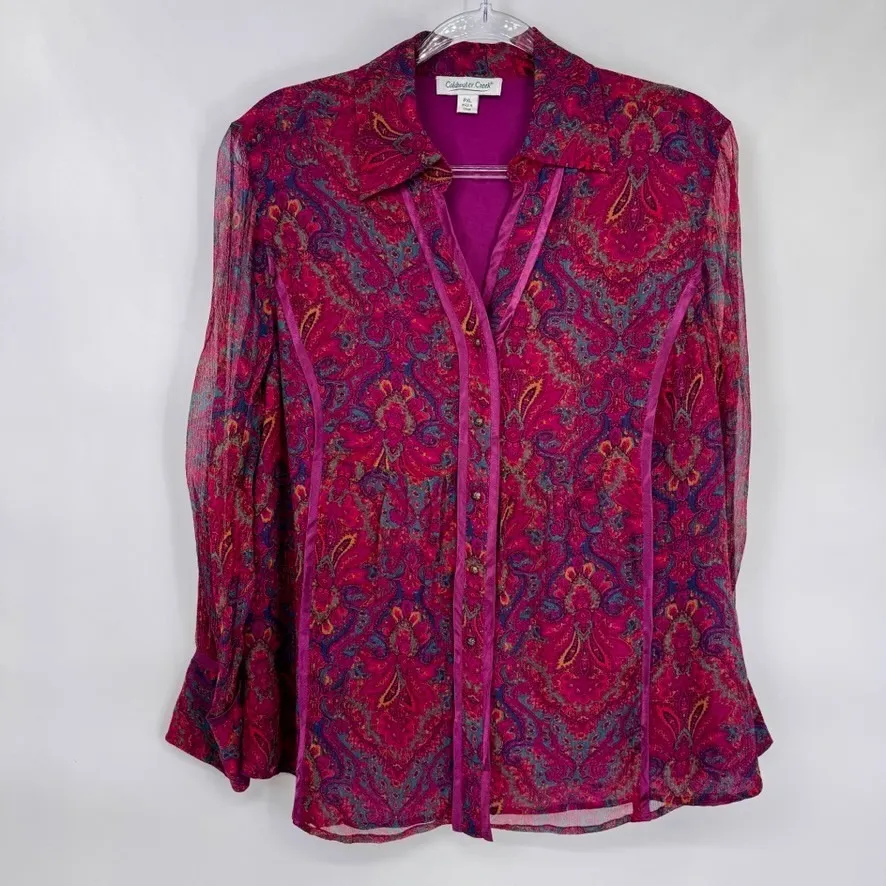 Vintage Coldwater Creek Button Front Top Womens PXL Pink Paisley Silk Fairy Boho - Image 2