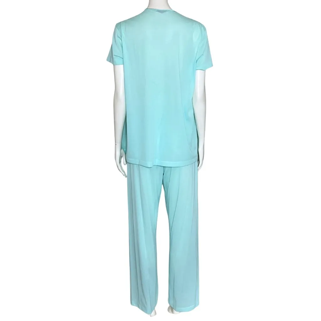 Vintage 70s Turquoise Vanity Fair Pajama Set S/M Retro Embroidered Floral Satin - Image 4