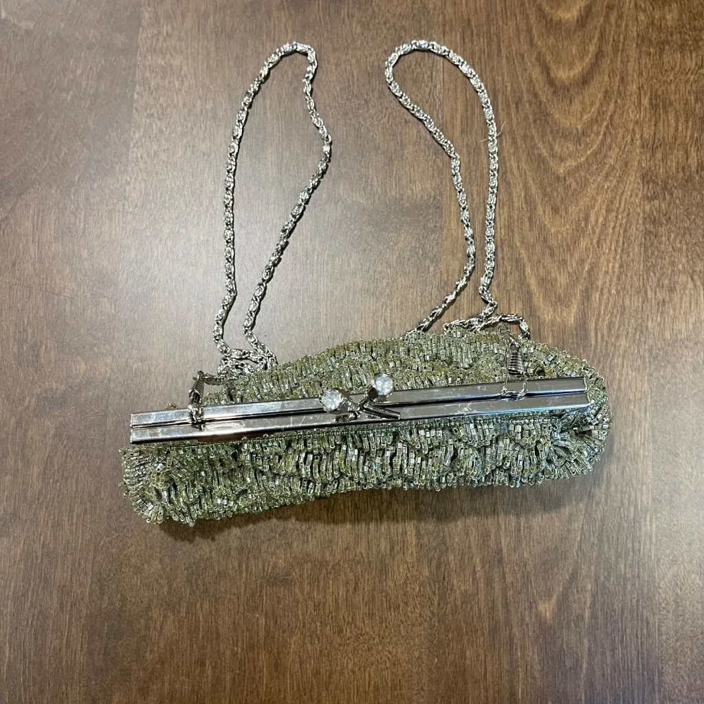 Vintage Beaded Evening Clutch Shoulder Bag Olive, Silver Color Jeweled Kisslock Green - Image 7