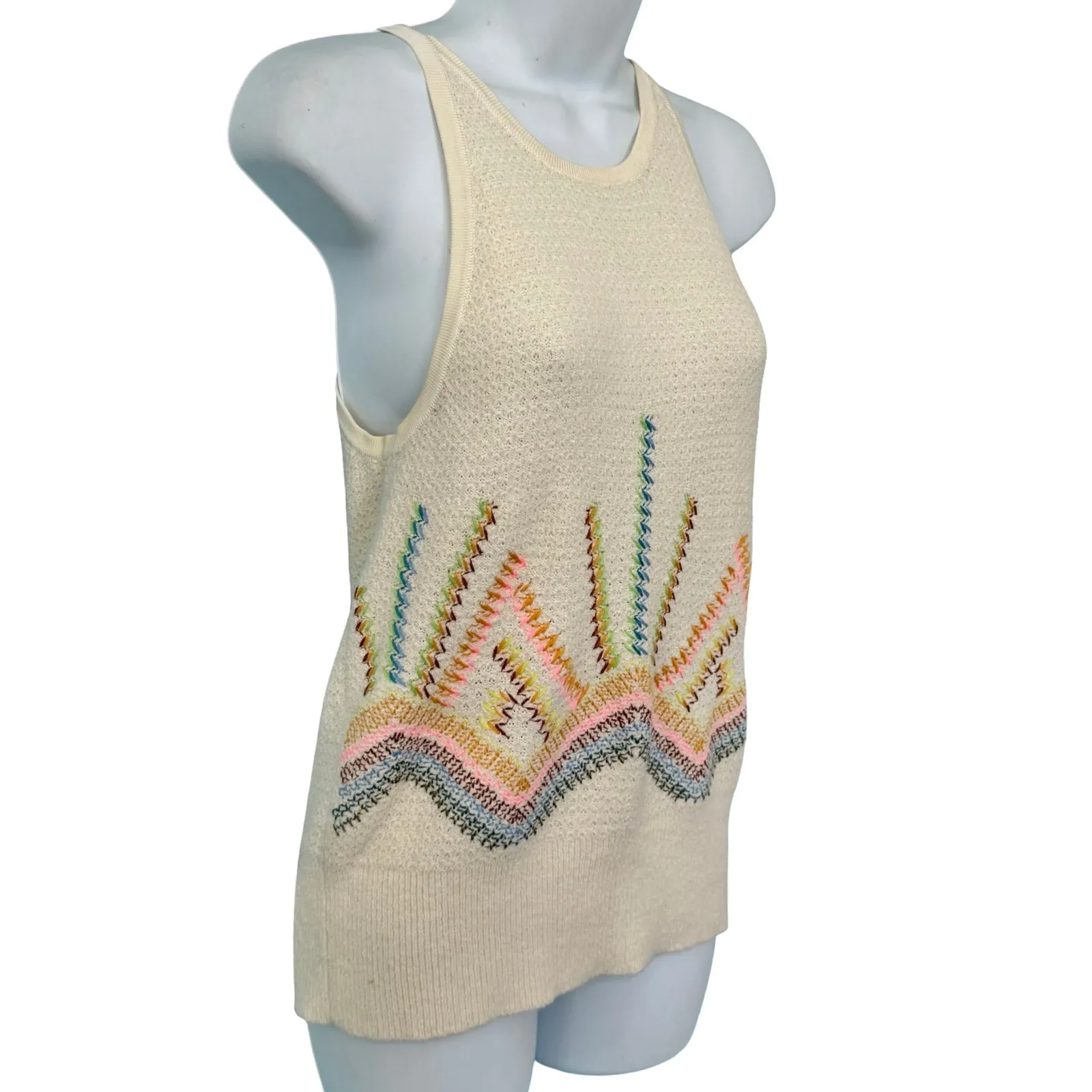 Anthropologie Cream Rainbow Cross Stitch Sunrise Embroidered Knit Tank Top Sz XS - Image 9