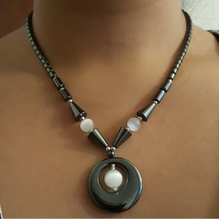 Hematite & Moonstone Milky Cat Eye Necklace 19” Black - Image 9