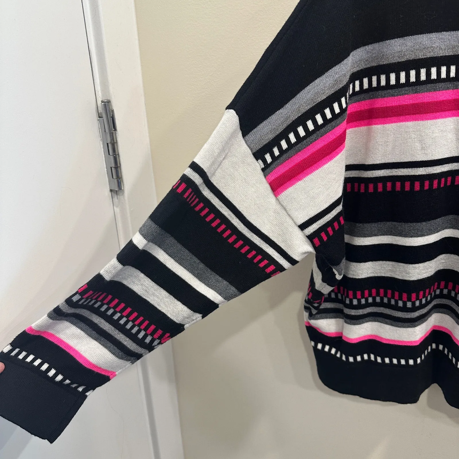 Wispr Pink White Gray Black Silk Cotton Blend Striped Sweater Large Cozy Preppy - Image 6