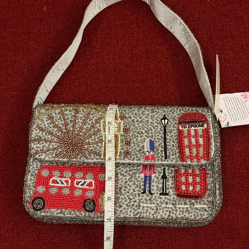 NWT London Beaded Shoulder Bag Made in India Grey Red Details Brand New Gray - Image 7
