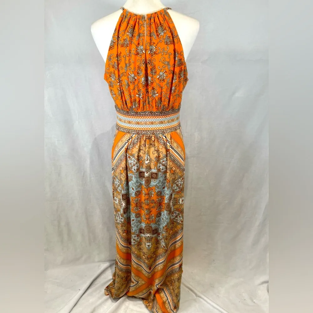 Gorgeous orange and light blue boho Grecian style halter maxi dress size 10 - Image 5