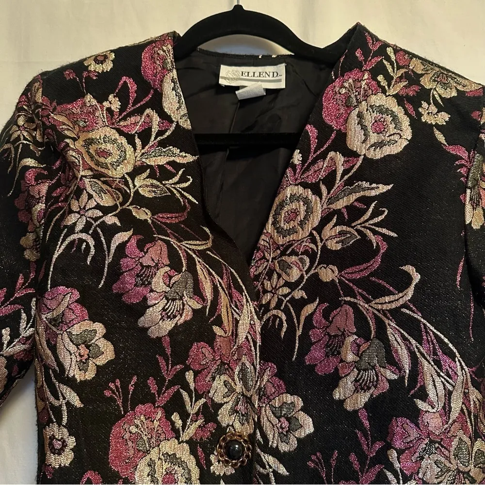 Ellen D 80’s Vtg Jacket Floral Metallic Black Multi Collarless V-Neck L Fits Med - Image 6