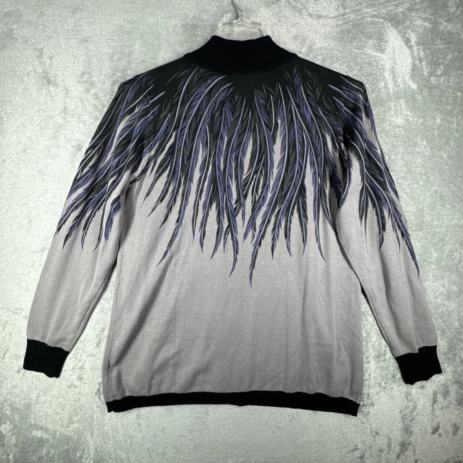 Bob Mackie Cardigan Womens Gray Purple Feather Print Artsy‎ Art to Wear Granny - Image 2