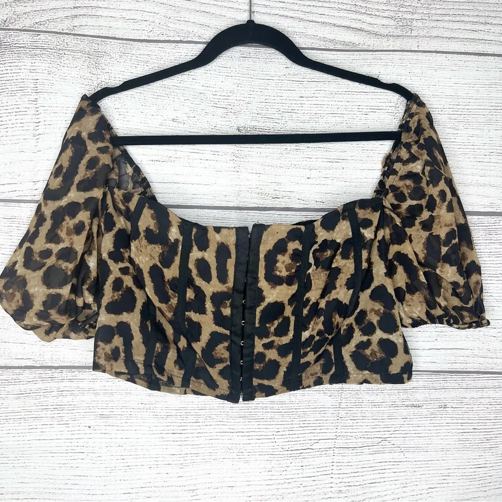Leopard Print Square Neck Puff Sleeve Corset Style Crop Top Blouse Size Large - Image 8