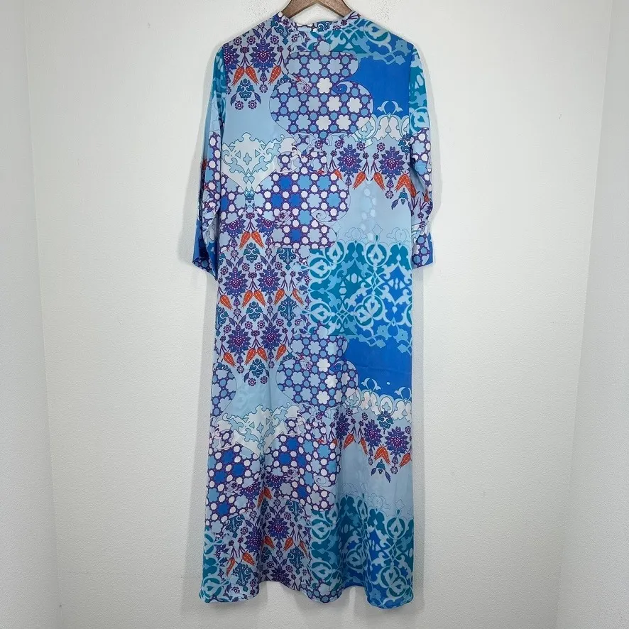 Natori Blue Floral Print Maxi Dress Size M V-Neck 3/4 Sleeve Resort‎ Wear Flowy - Image 14