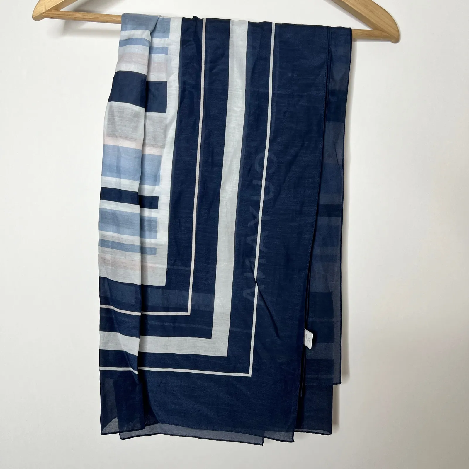 Cuyana Large Navy Blue Light Blue Pink Grey Striped Cotton/Silk Scarf Italy - Image 10