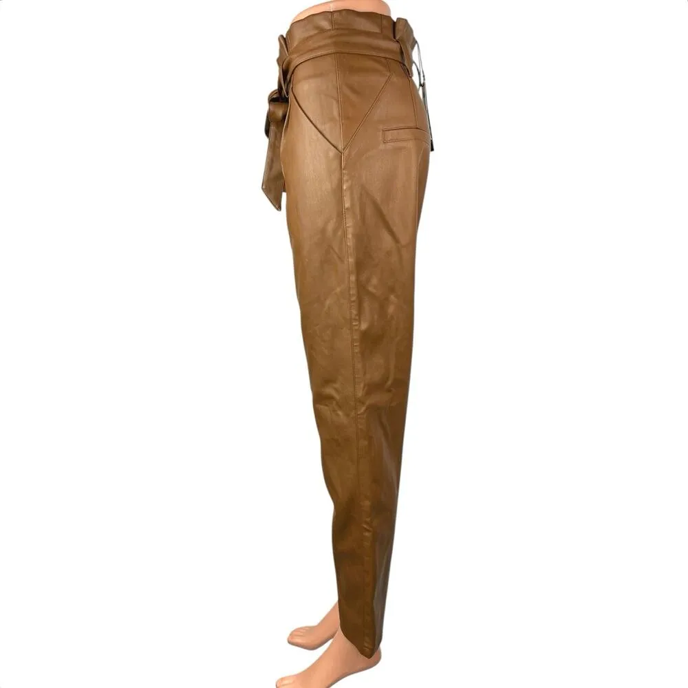 NEW Lucy Paris Brown Faux Vegan Leather Paperbag Tie Belt Trousers Pants Sz S - Image 2