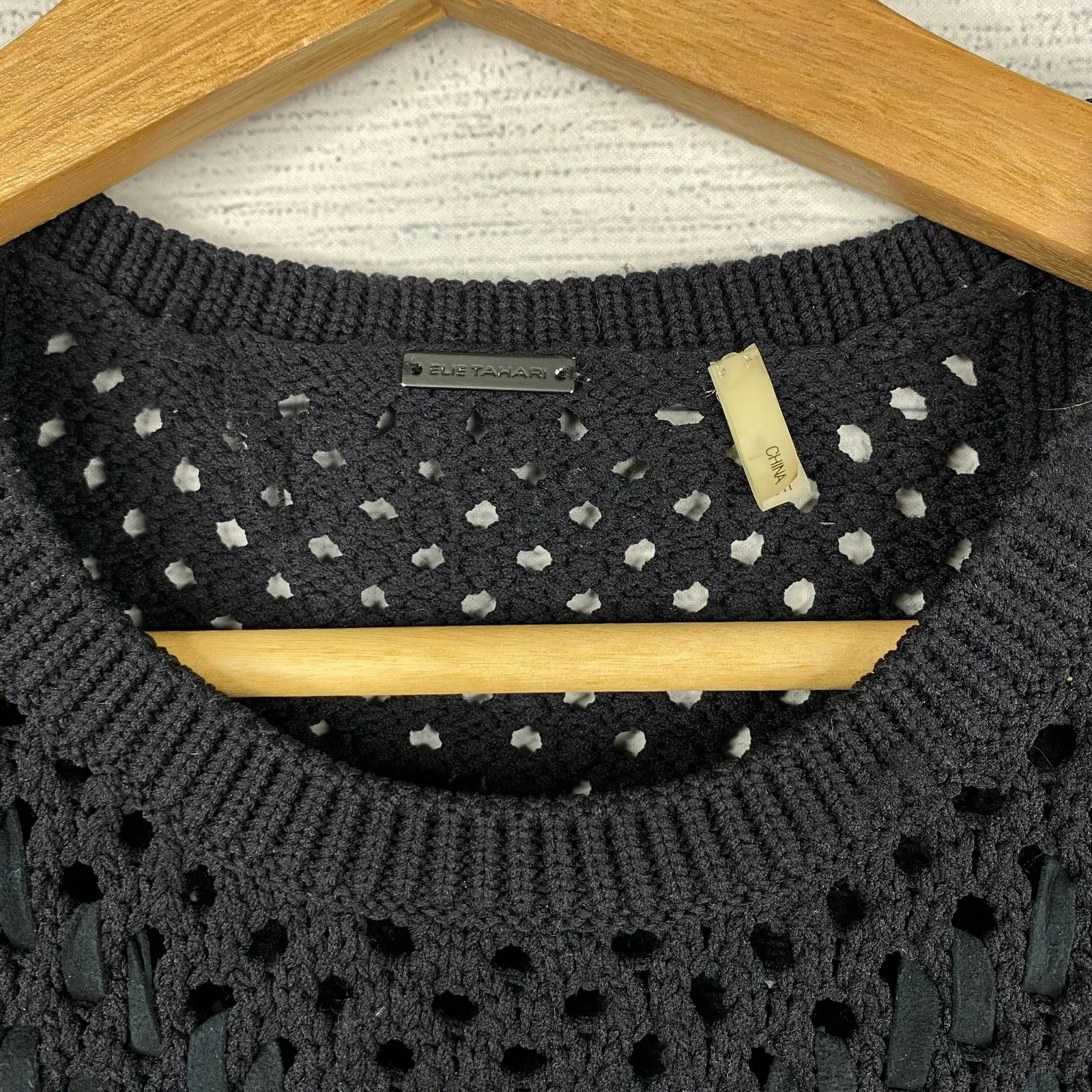 Crochet Leather Fringe Black Short Sleeve Open Knit Sweater Gothic Size Small - Image 7